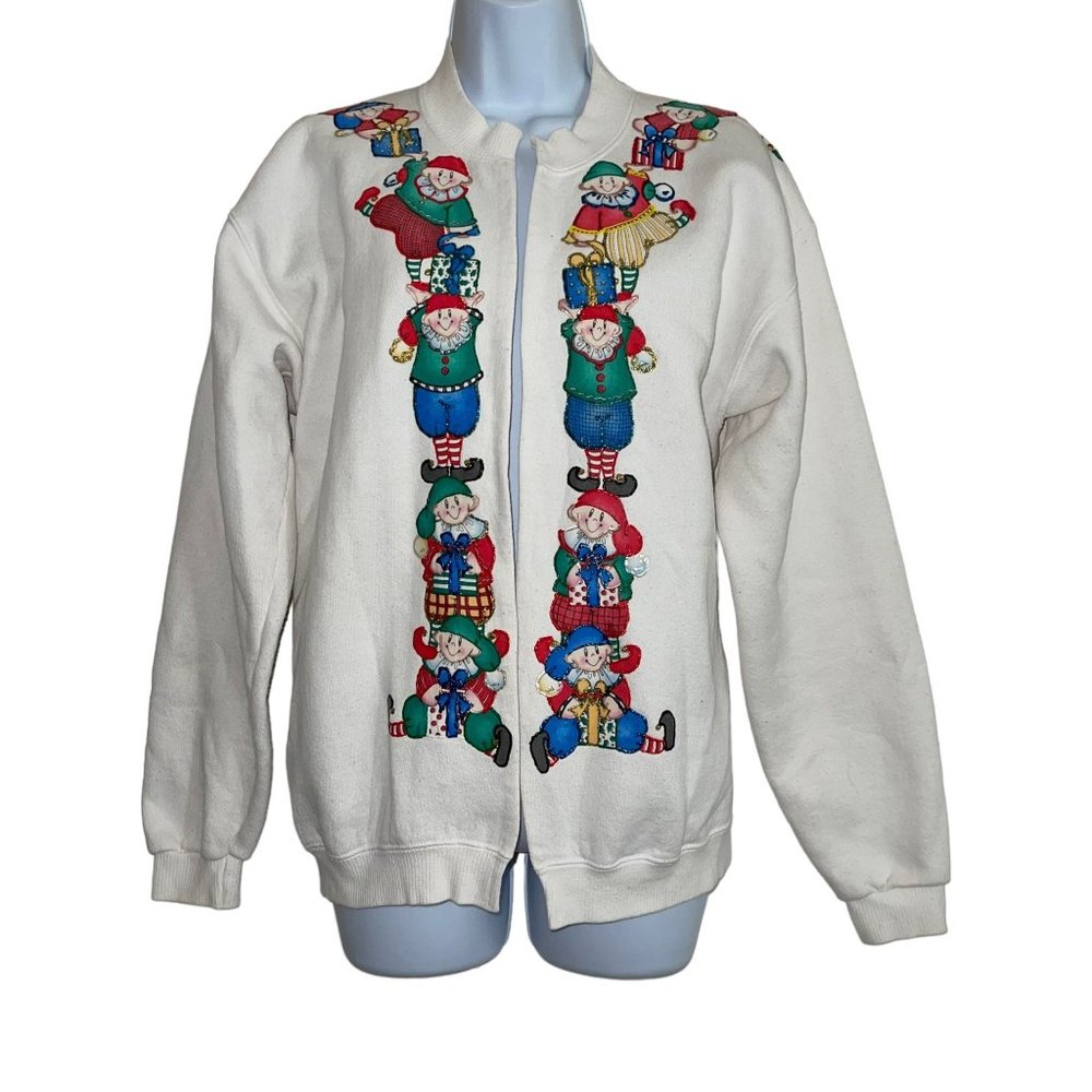 Vintage Hand Designed Cardigan Sweatshirt Womens M Christmas Holiday Well Worn